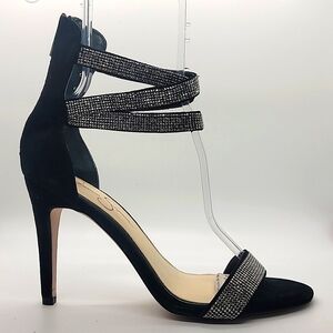 JESSICA SIMPSON sz9.5 Elepina Rhinestone Strappy Sandal suede heel zippe…